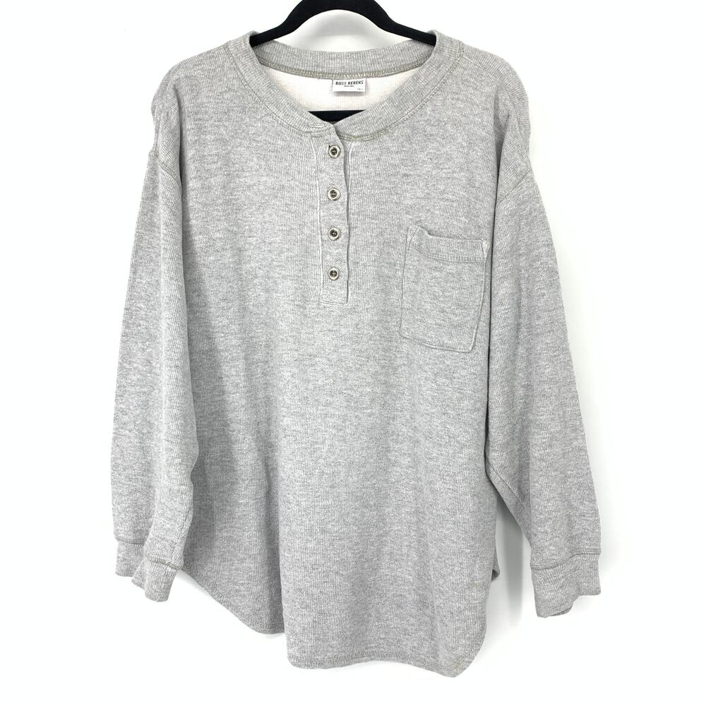 Russ Berens Top Womens Large Gray Vertical Ribbed 4 Button Henley Chest Pocket